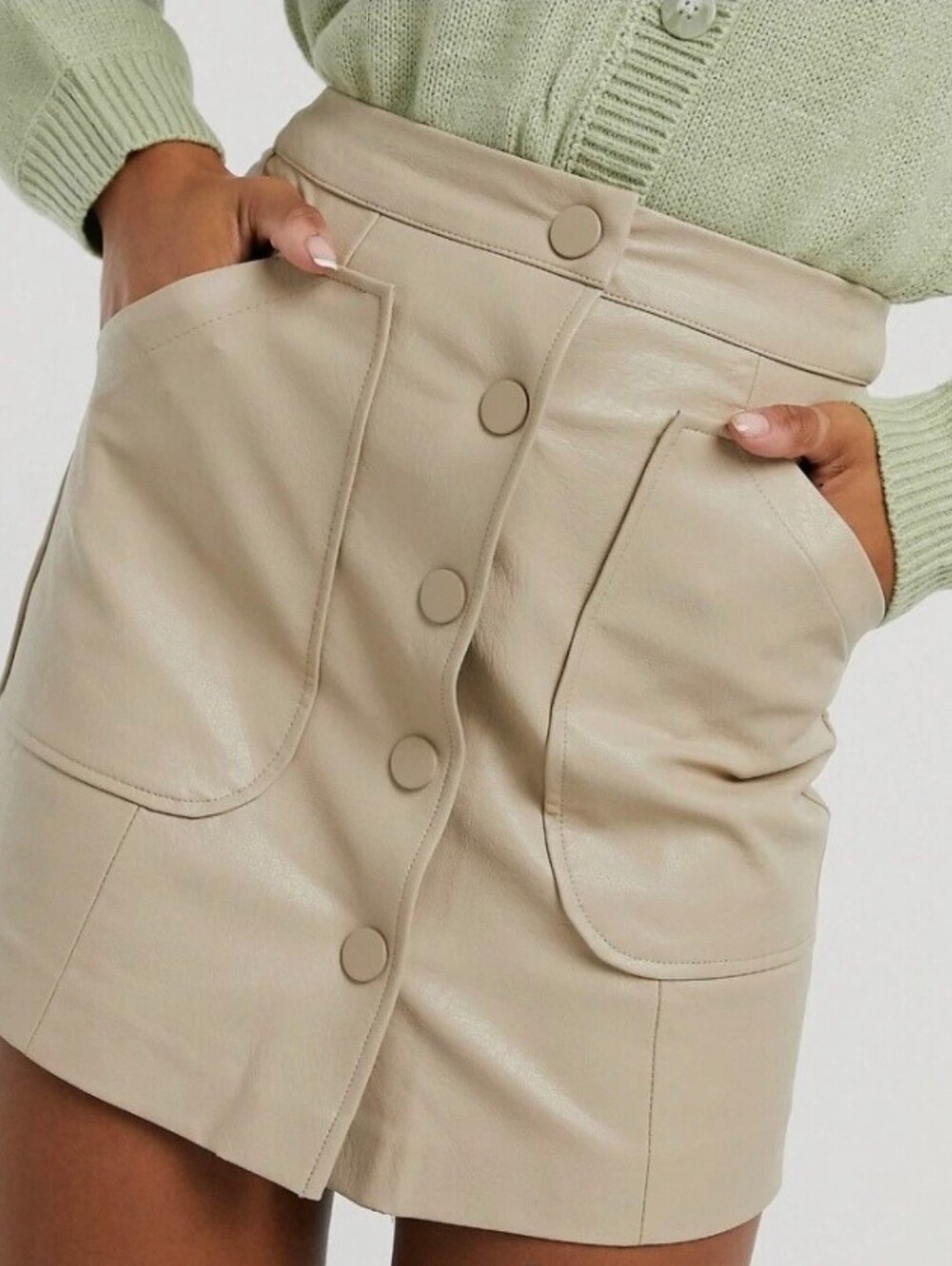 Spanish Brand Stradivarius Light Tan Faux Leather Button Front Mini Skirt - NWOT